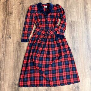 Vintage Lanz Originals 80s Red Plaid Velvet Trim Peplum Tartan Dress Sz XS